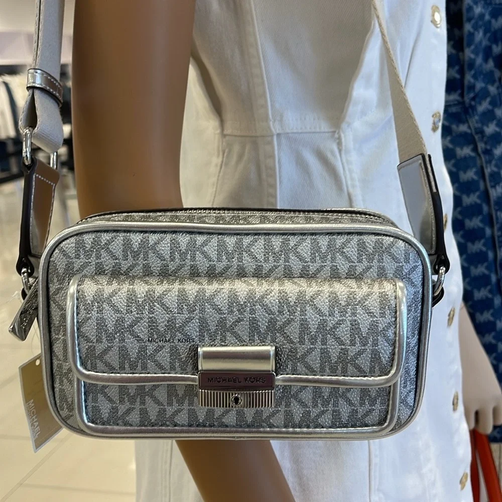 Michael Kors Bradshaw Extra-Small Metallic Signature Logo Camera Crossbody Silv